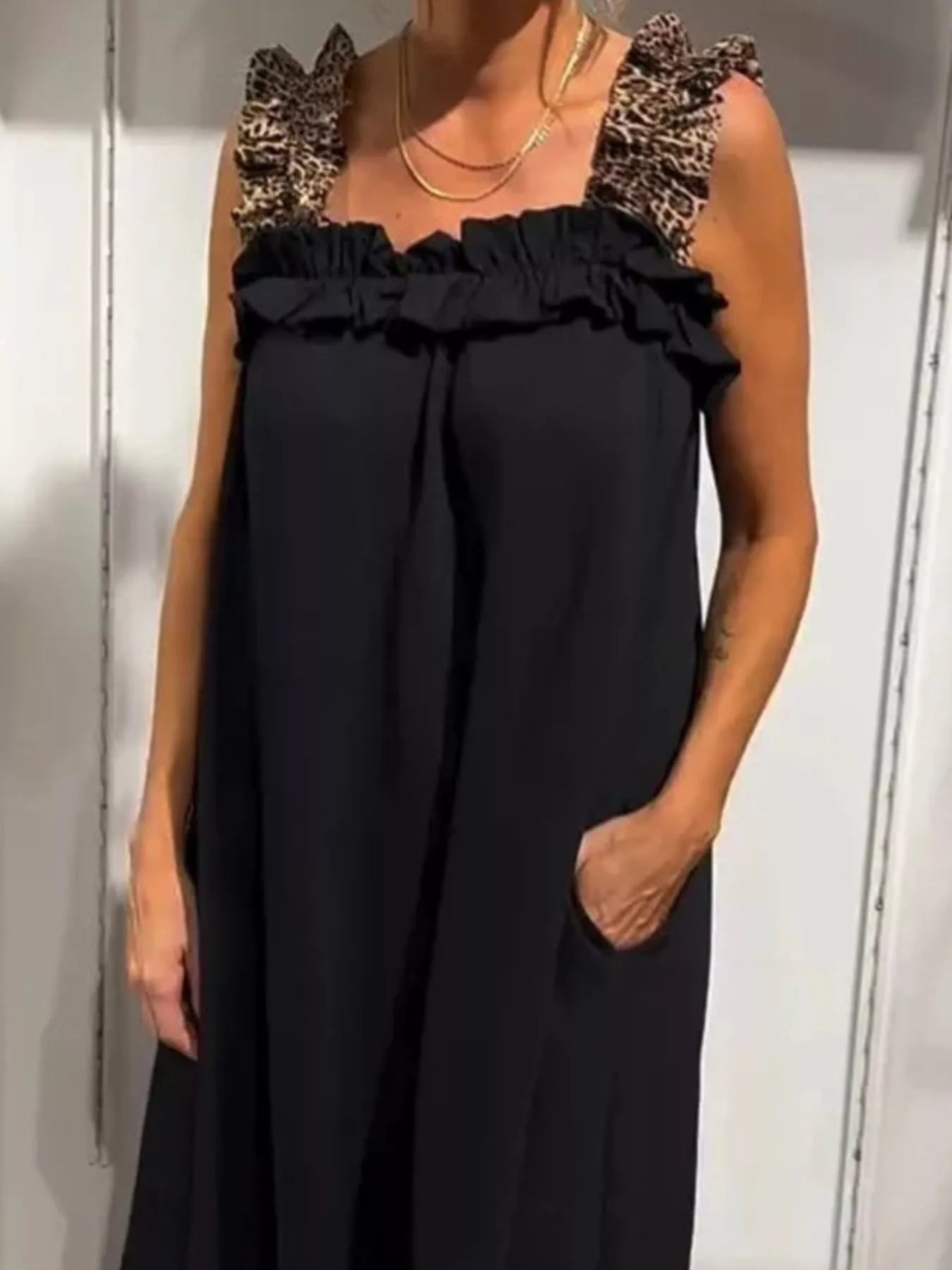 Full Size Ruffled Strap Flowy Maxi Dress plus size, black with leopard-print shoulder straps and pockets