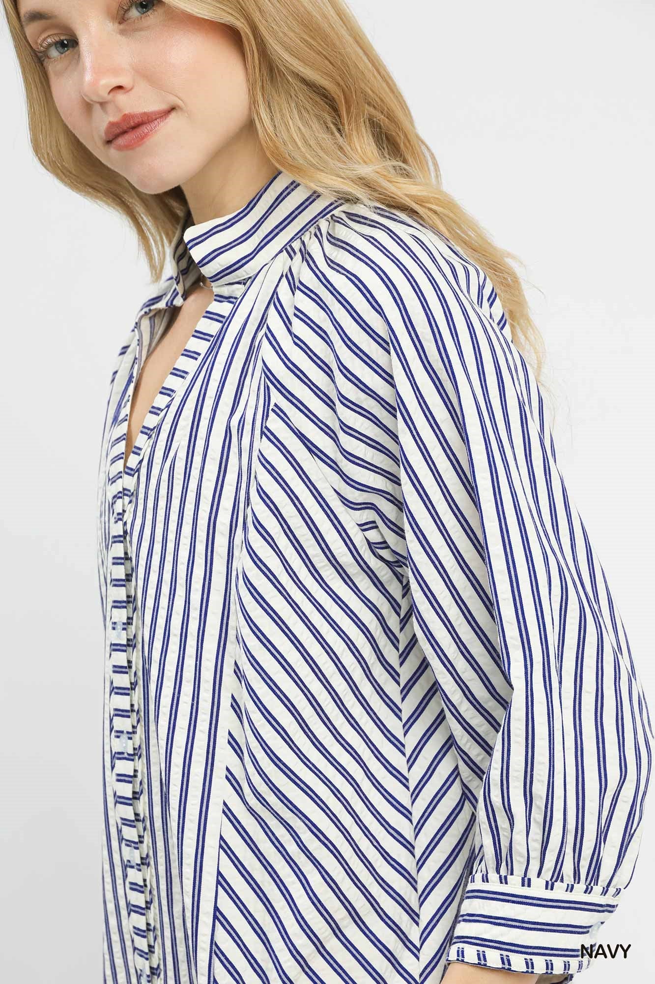 Cedar & Moore Umgee striped navy-white V-neck button-down top with long sleeves