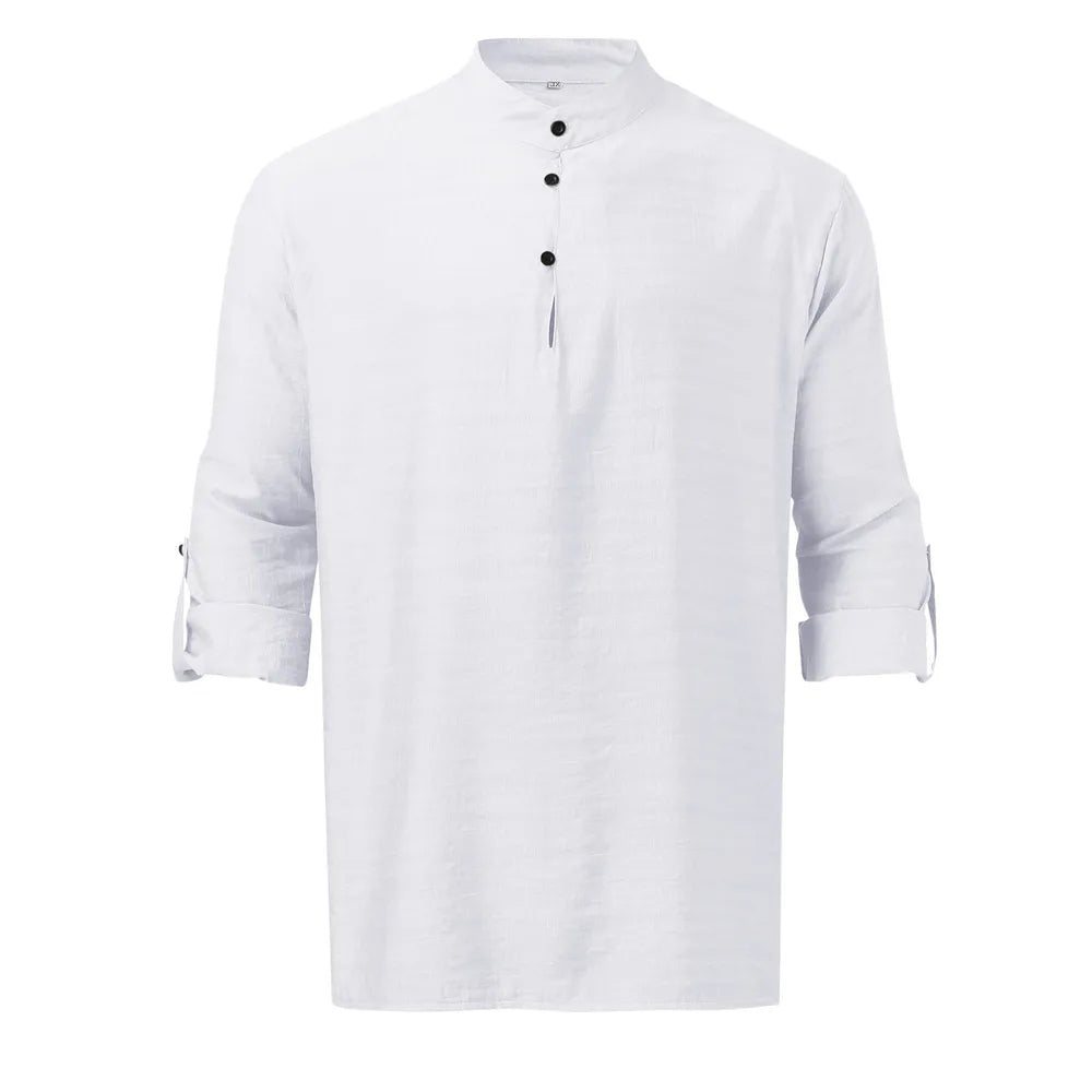 Men's white half-button long sleeve shirt, front view
