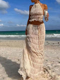 Milky white ruffled halter crop top and maxi tiered skirt set, front view