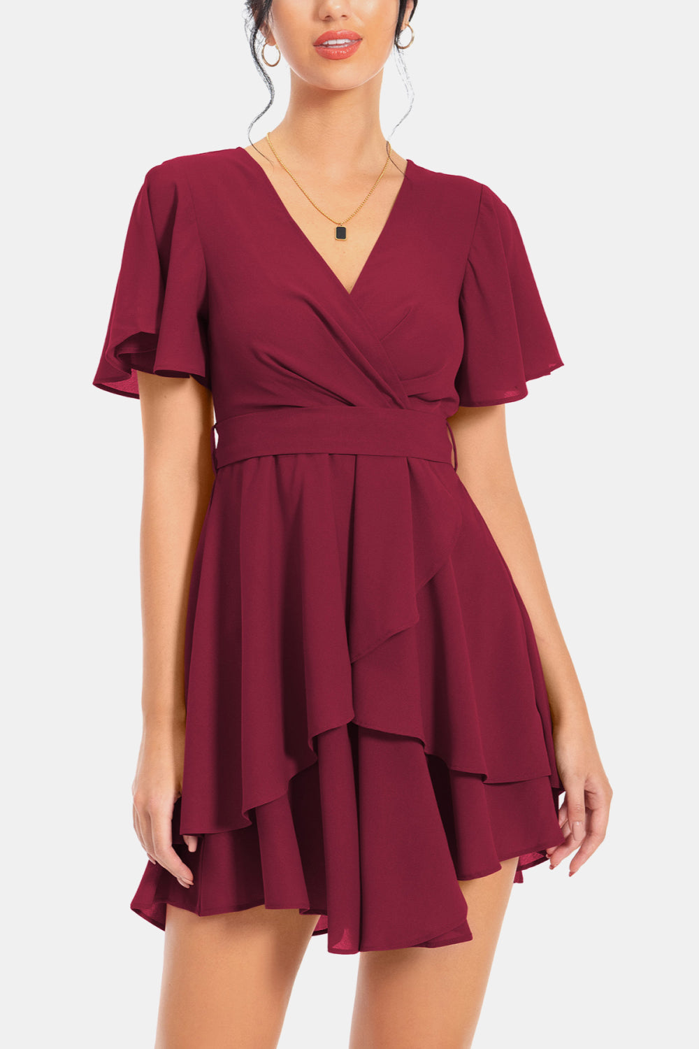 Wine surplice V-neck flutter sleeve tiered mini dress with belted waist