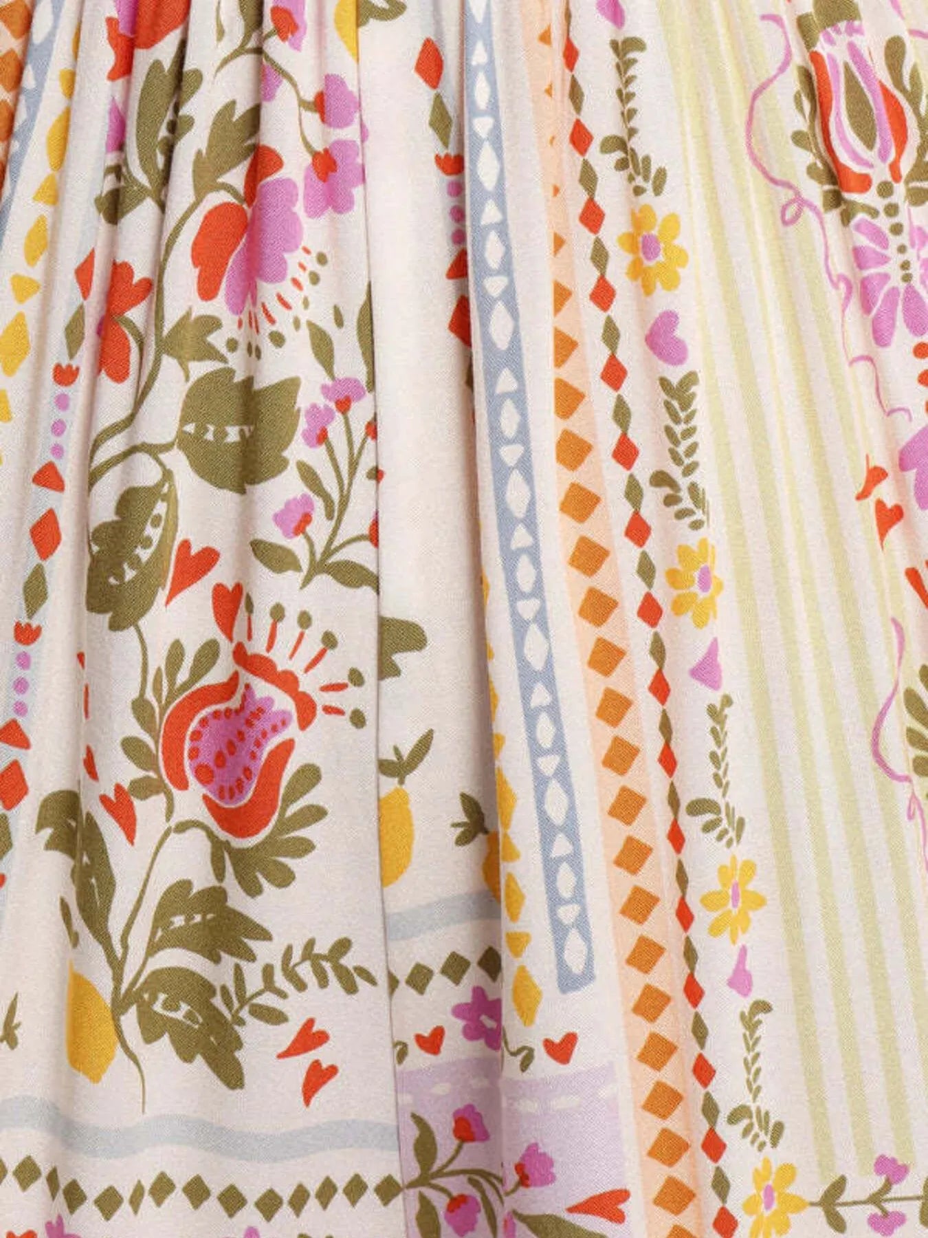 Floral print fabric panel with multicolor flowers and border stripes
