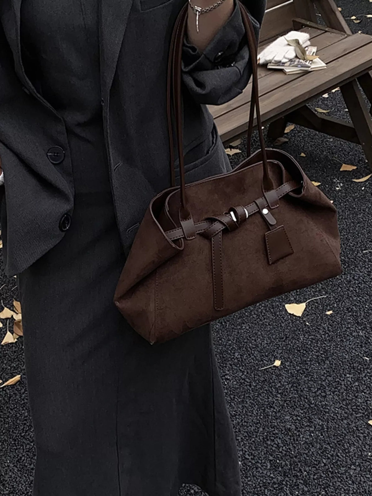 Dark brown suede buckle shoulder bag with top handles and front square patch detail