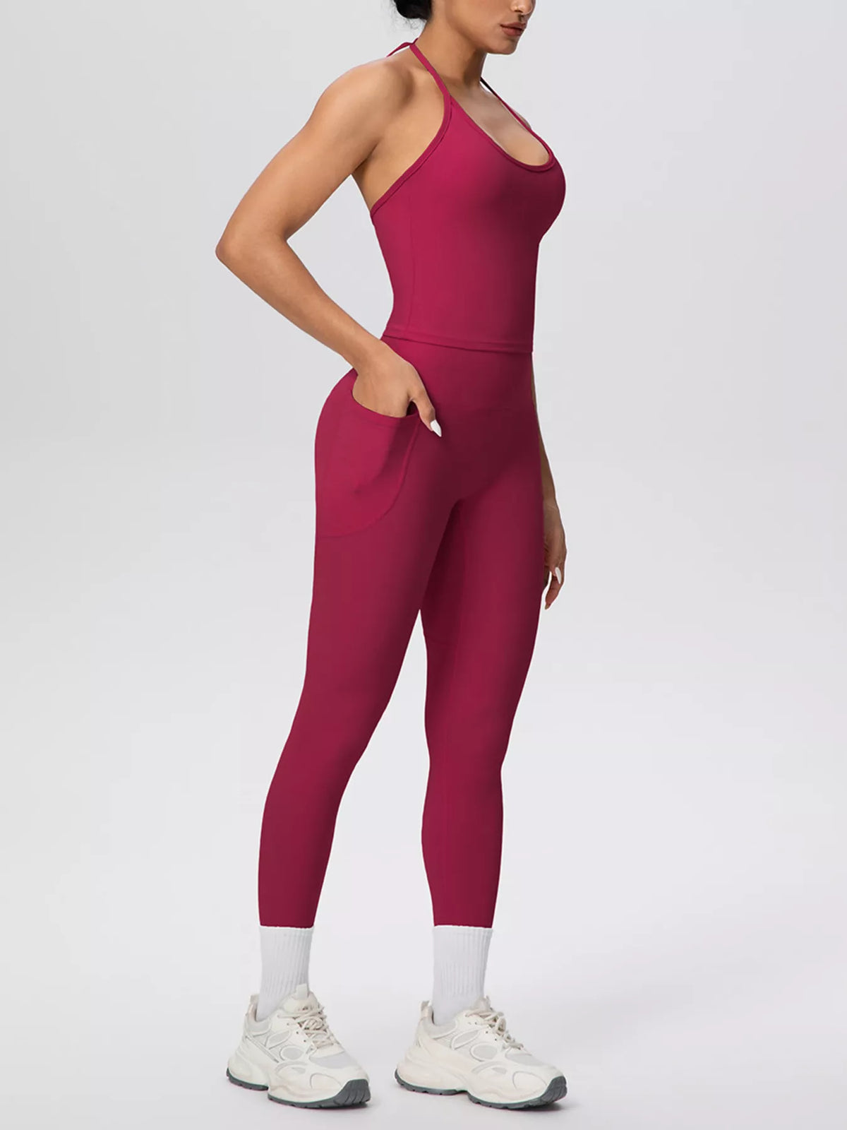 Two-piece halter top and legging set, deep red, halter neck and fitted leggings