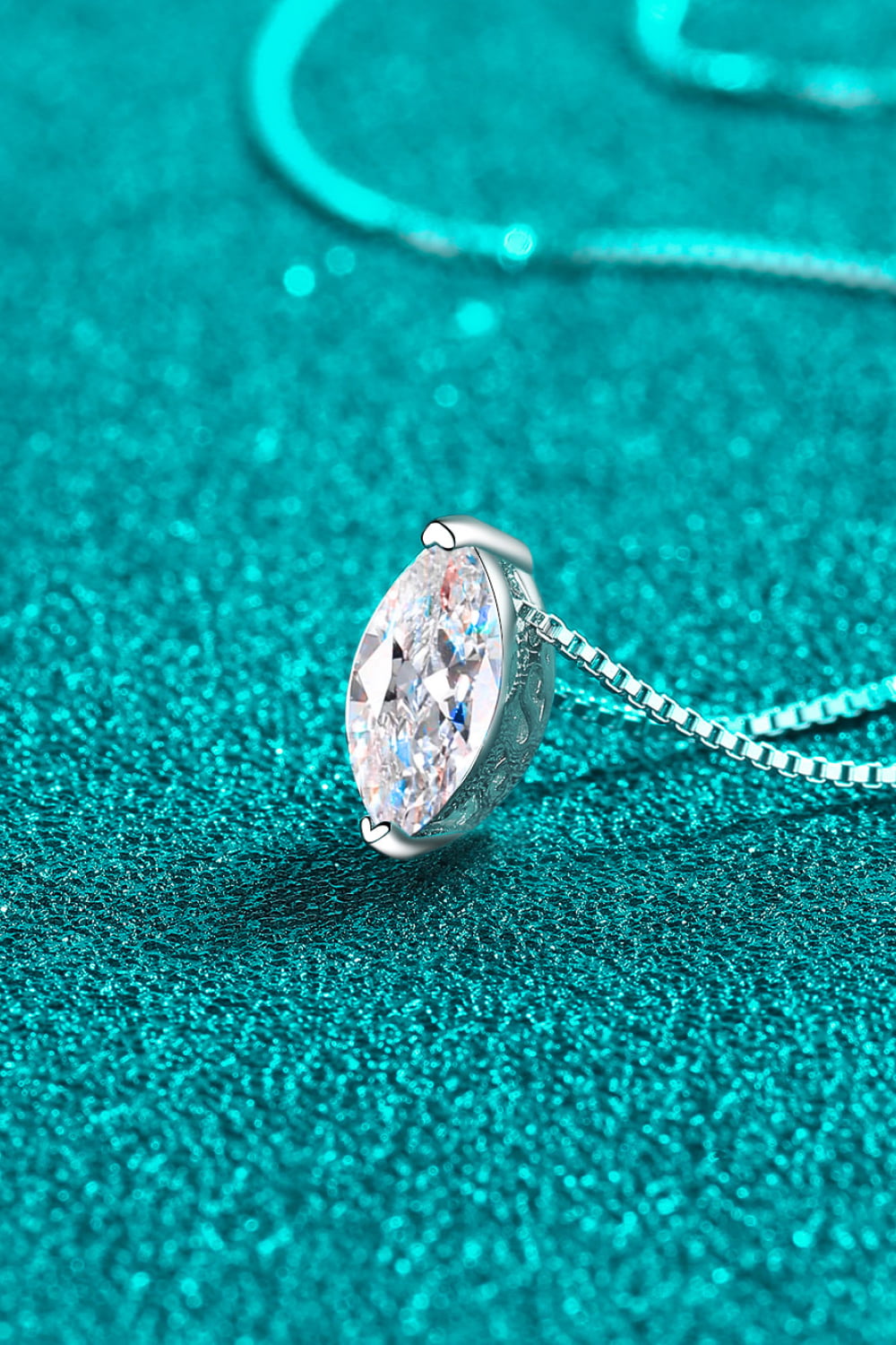 Sterling silver moissanite pendant necklace, marquise stone in prong setting on chain