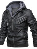 Men's black vegan leather hooded motorcycle jacket with front zipper and chest pockets