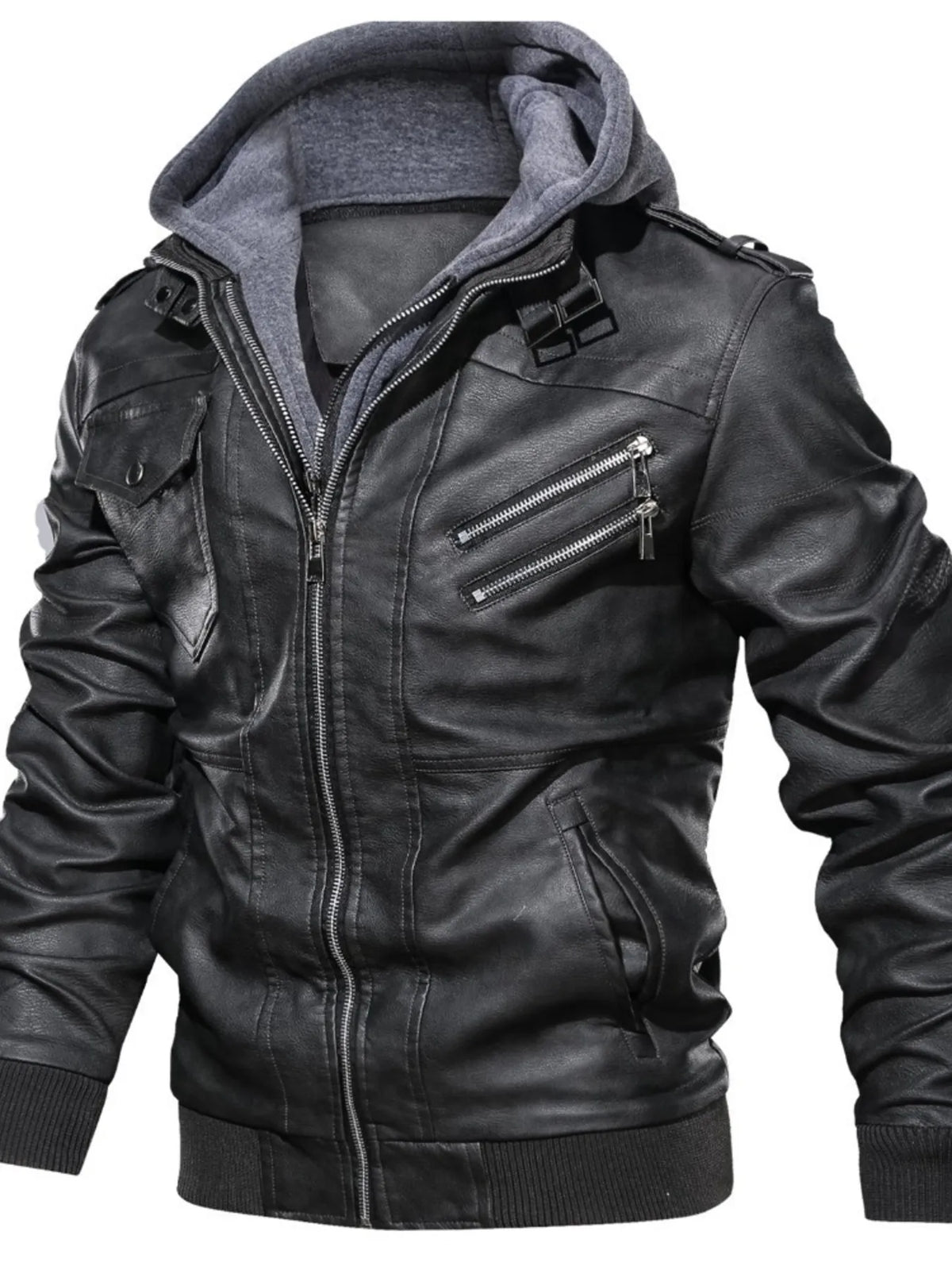Men's black vegan leather hooded motorcycle jacket with front zipper and chest pockets