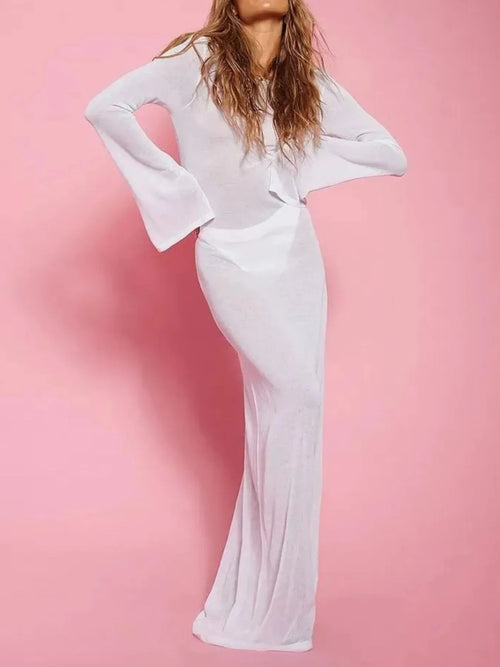 White backless long sleeve maxi cover-up with deep V-front neckline