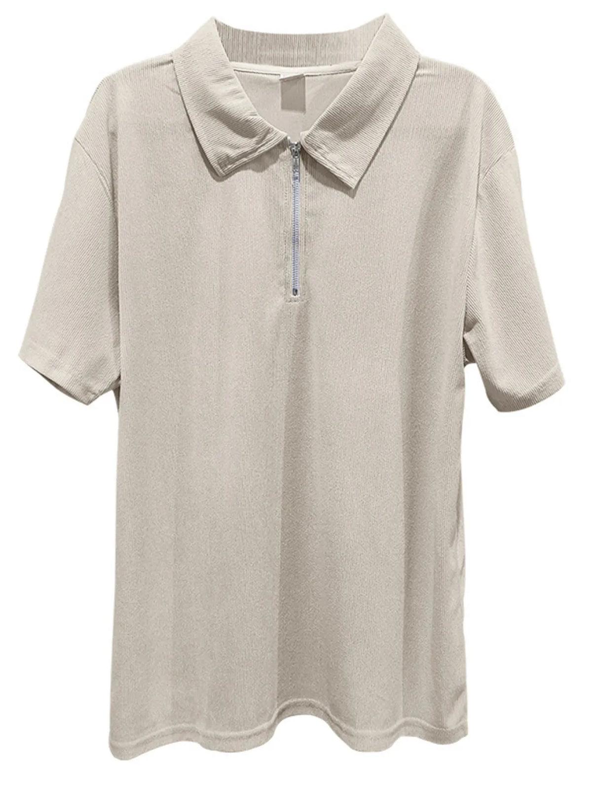 Light beige men’s quarter-zip polo with ribbed turn-down collar