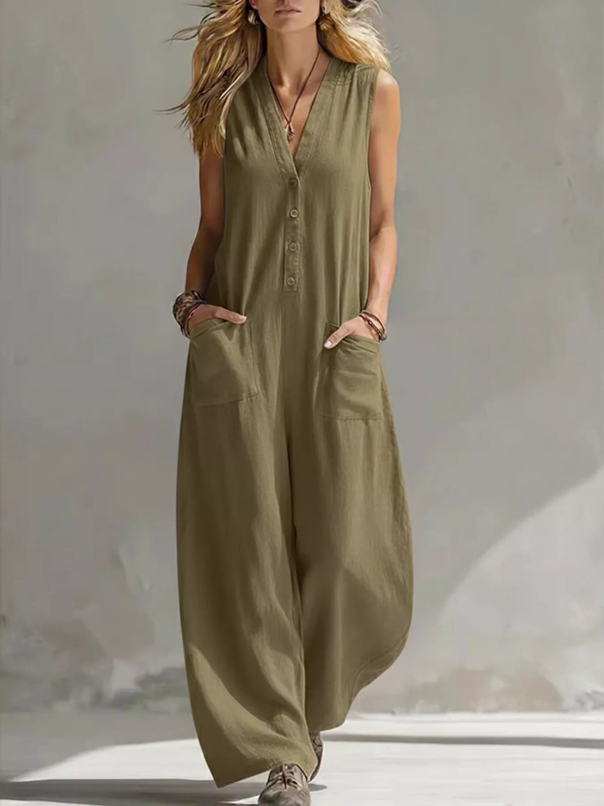 Olive V-neck sleeveless wide-leg jumpsuit with button front and chest pockets