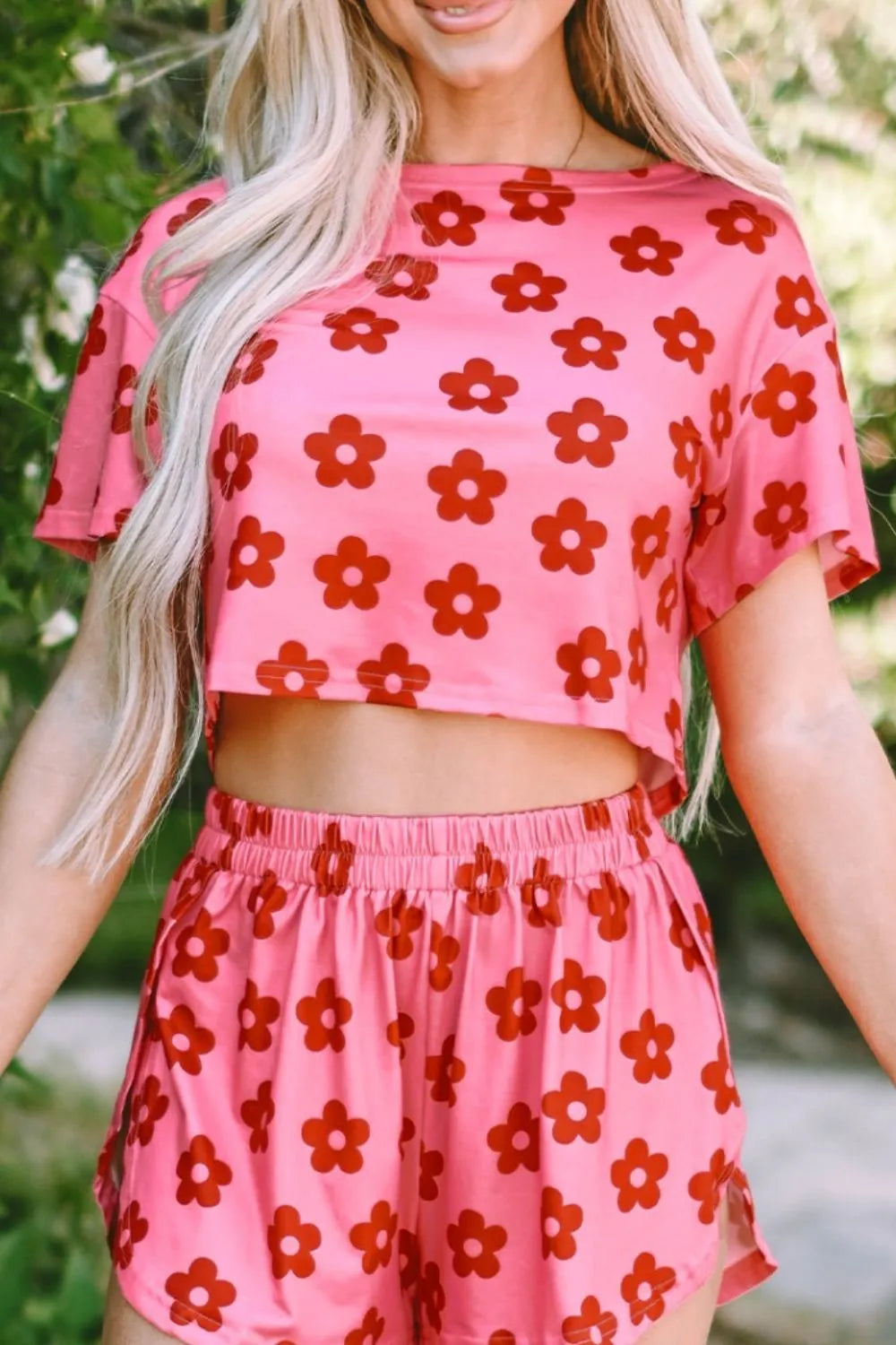 Coral floral cropped tee and shorts lounge set, ruffle trim on hem