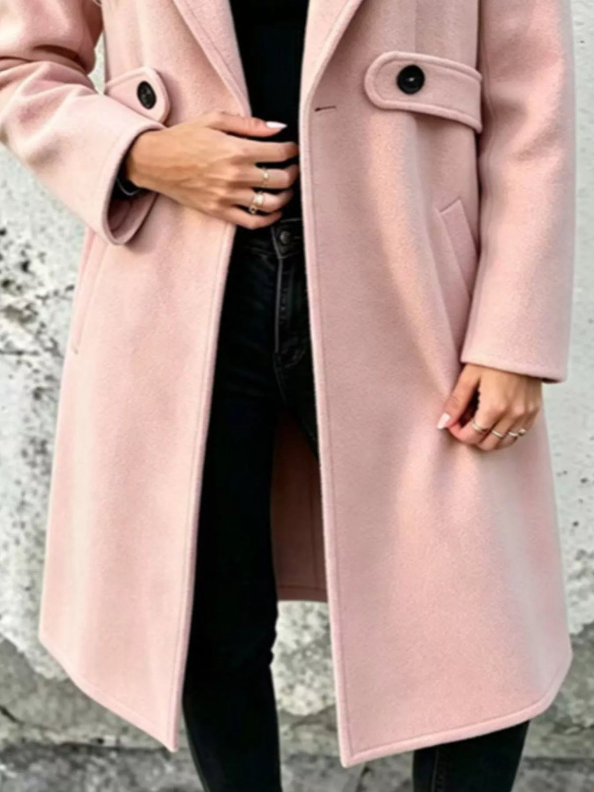 Light pink longline polyester coat with button-front placket and flap pocket detail