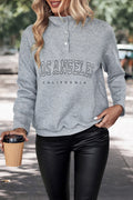 Heather gray quarter-snap sweatshirt with LOS ANGELES graphic and California text