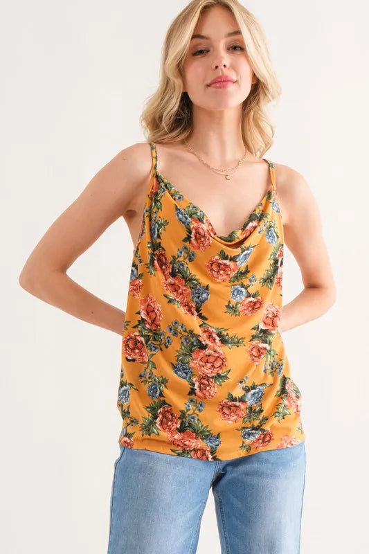 Mustard floral printed sleeveless tank top with thin straps and V-cowl neckline