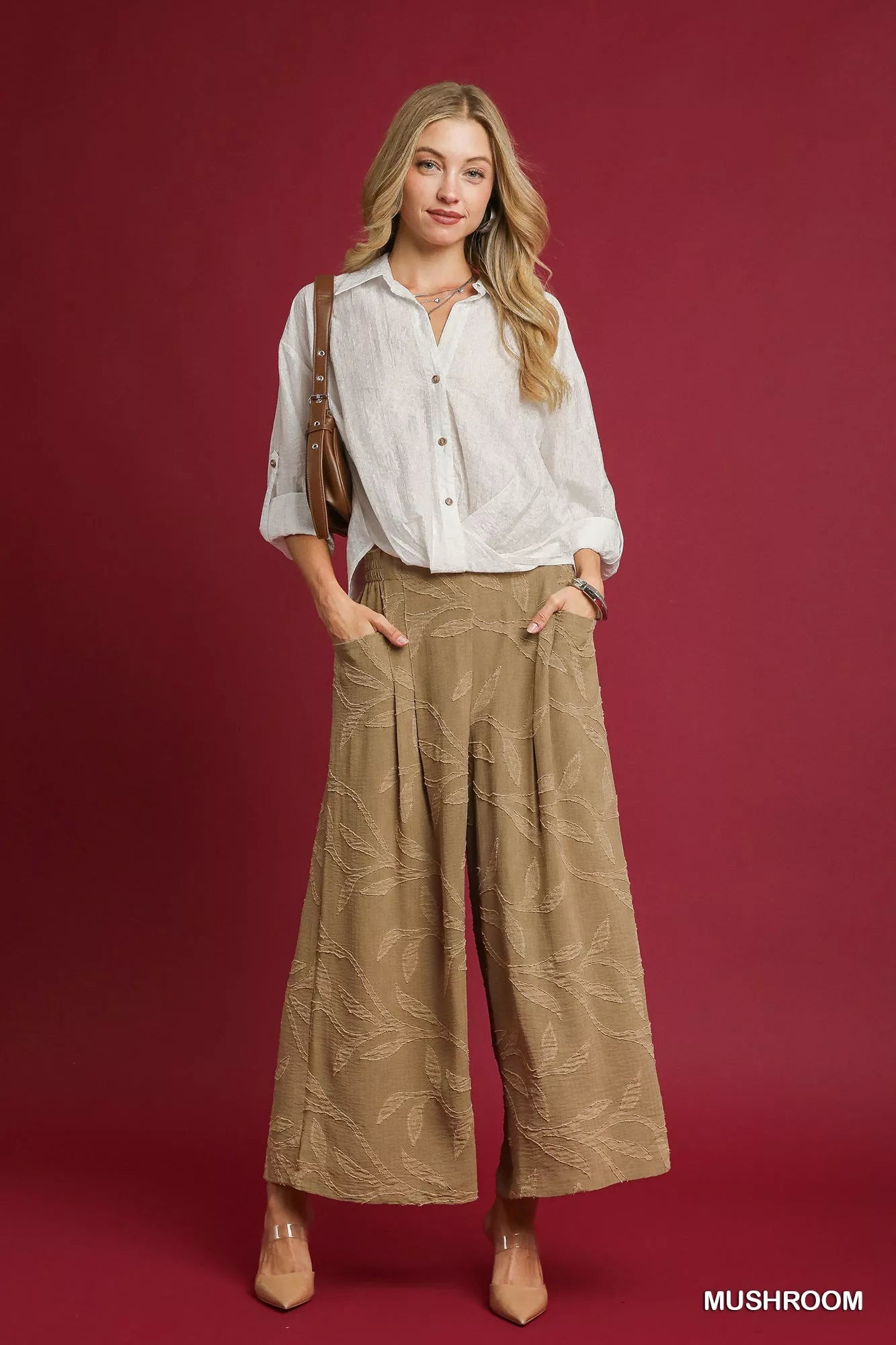 Mushroom jacquard wide-leg pants with elastic waist and flowing wide silhouette
