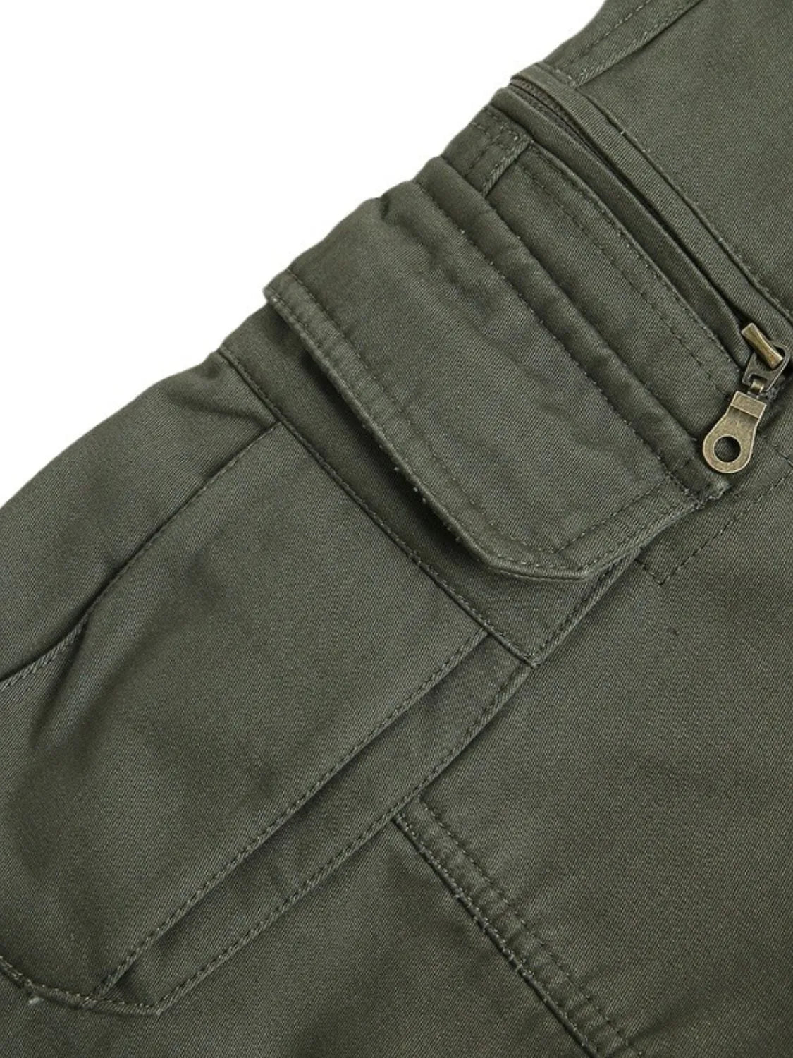 Men's solid cargo pants in olive green with cargo flap pocket and snap strap detail
