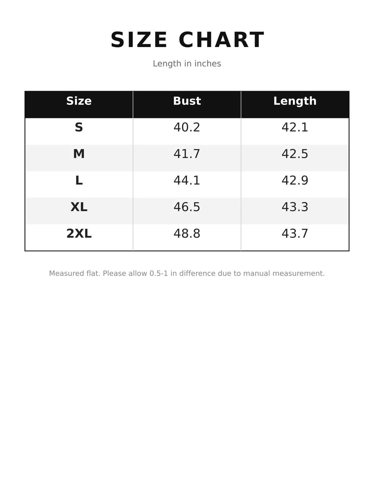 Size chart showing bust and length in inches for S to 2XL (midi dress)