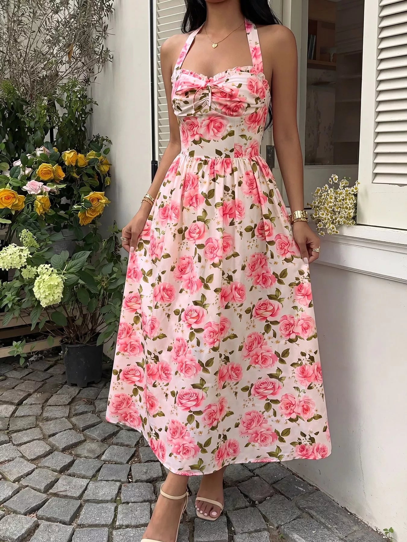 Cedar & Moore Floral Print Halter Neck Midi Dress with pink roses, smocked bodice and front tie by Trendsi
