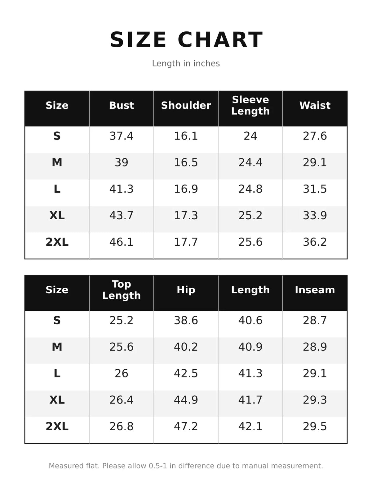 Size chart table for blazer and pants set with measurements in inches