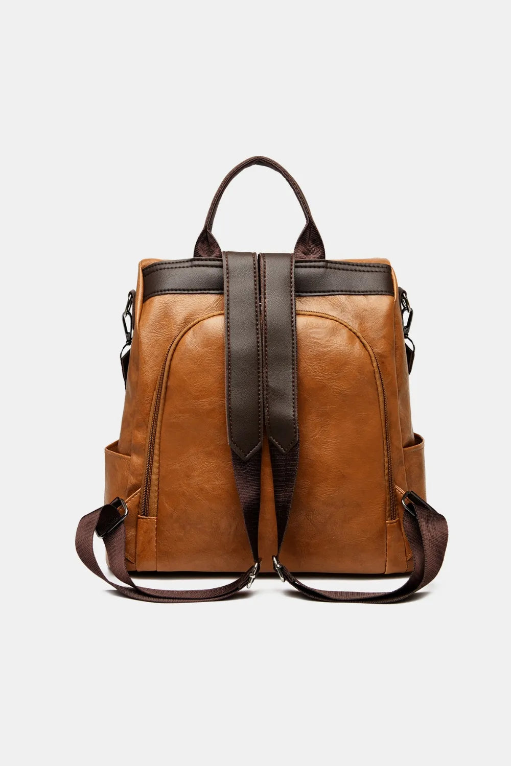 Caramel backpack bag with central vertical strap detail and side zipper pockets