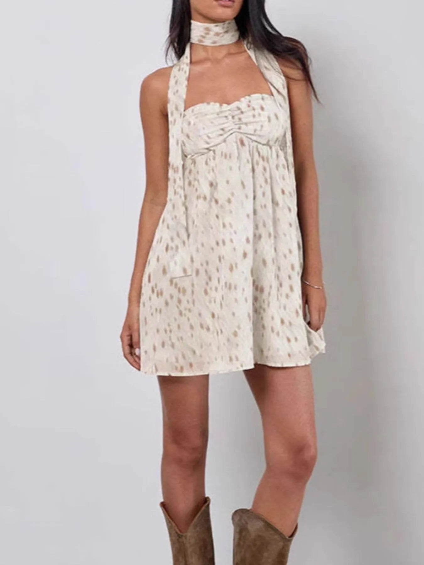 Sweetheart Neck Tube Mini Dress in cream with brown speckled print