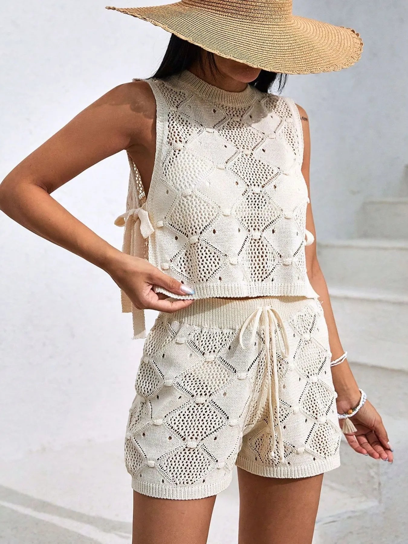 Apricot diamond-pattern sleeveless knit top and drawstring shorts set, front view