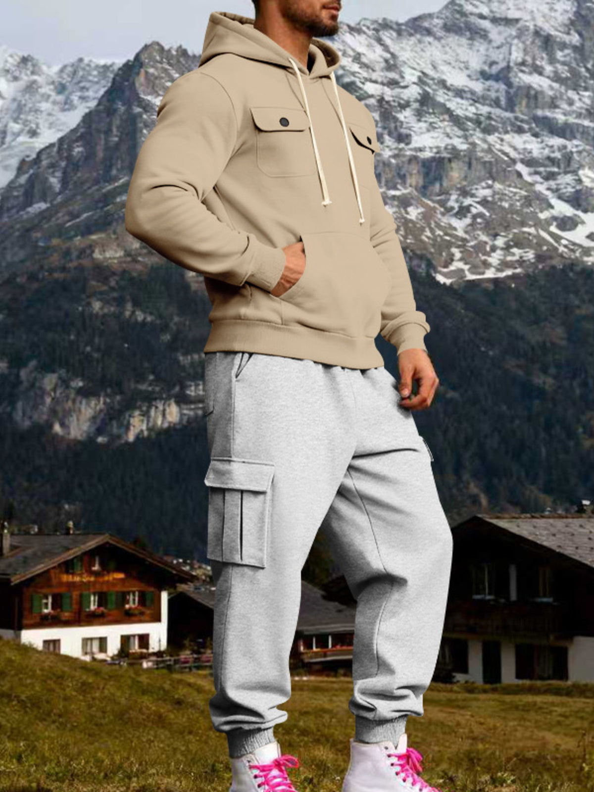 Tan hoodie and gray cargo sweatpants set with kangaroo pocket and drawstring
