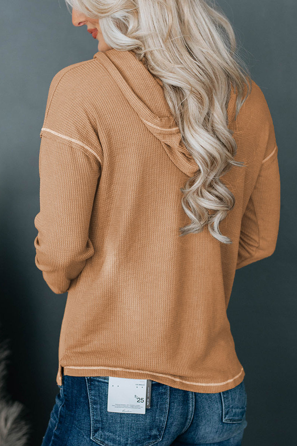 Khaki dropped-shoulder hoodie with drawstring hood, back view