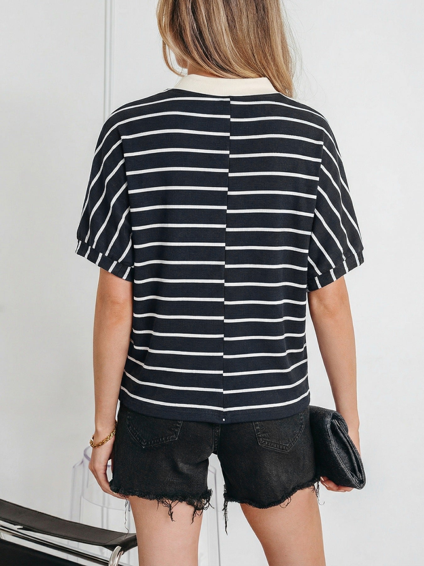 Cedar & Moore Stripe stand-collar dolman top in navy with white horizontal stripes, short elastic cuffs