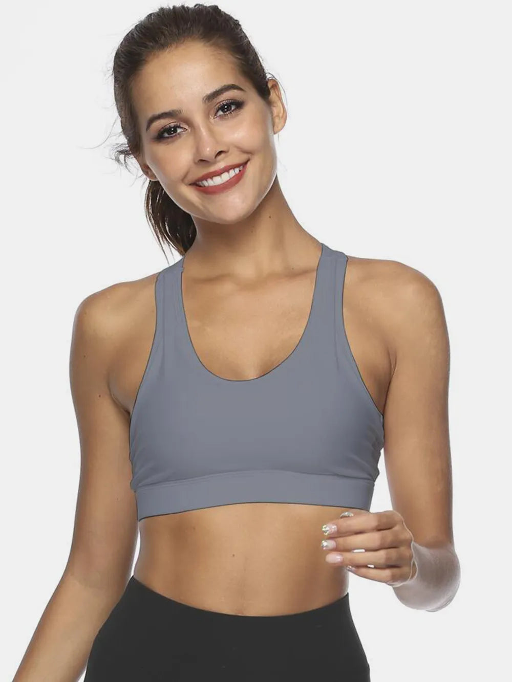 Gray scoop neck active tank with racerback; cropped fit