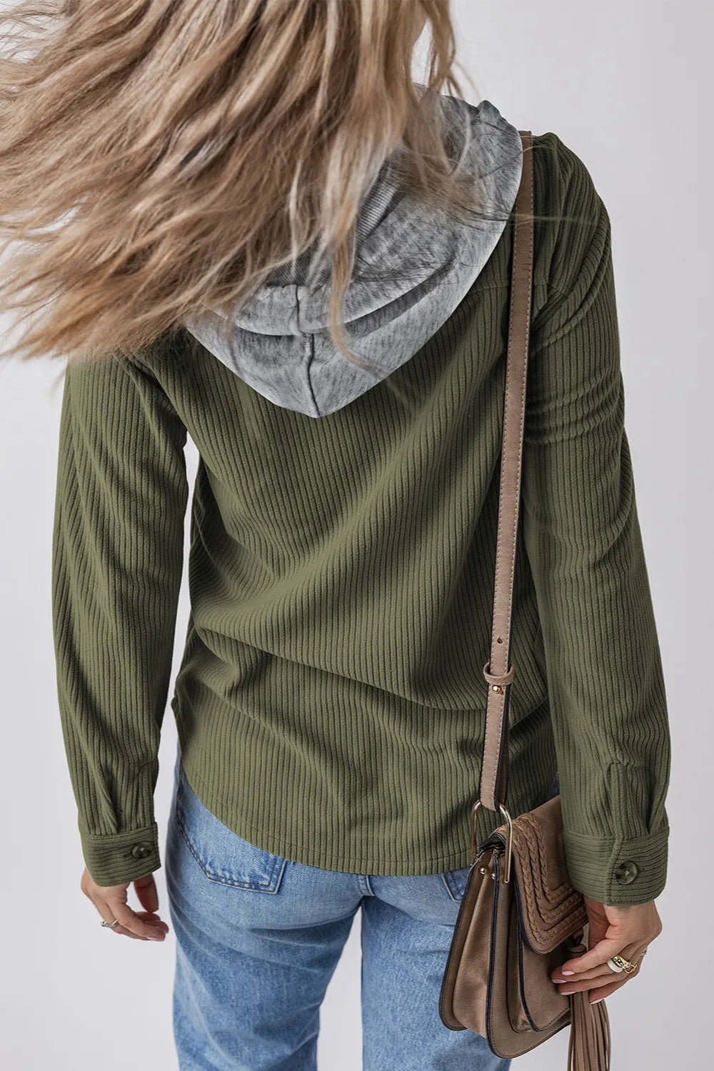 Olive green striped hooded button-up jacket with drawstring and long sleeves