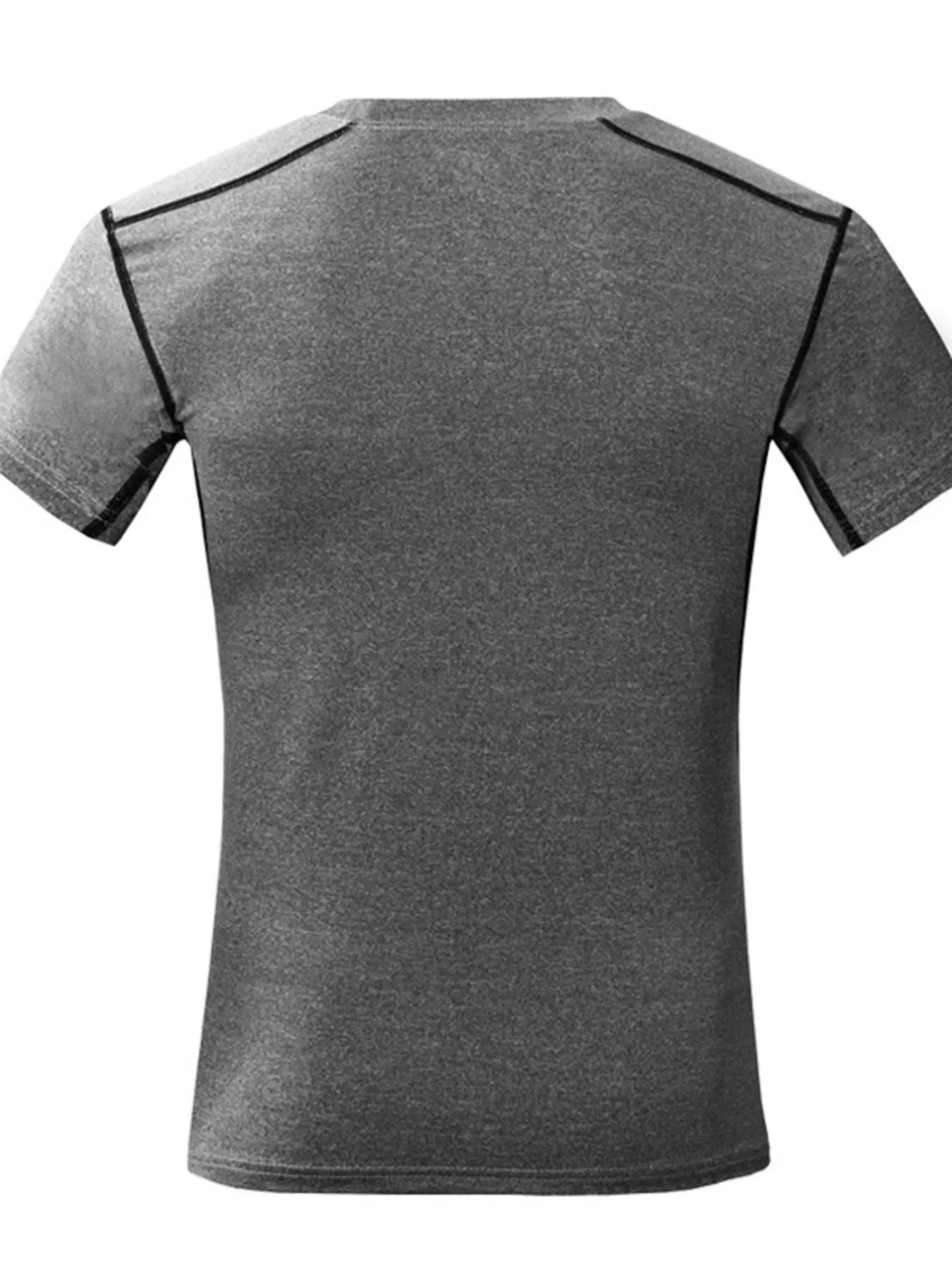 Moisture-wicking athletic T-shirt, heather gray back view with black side panels