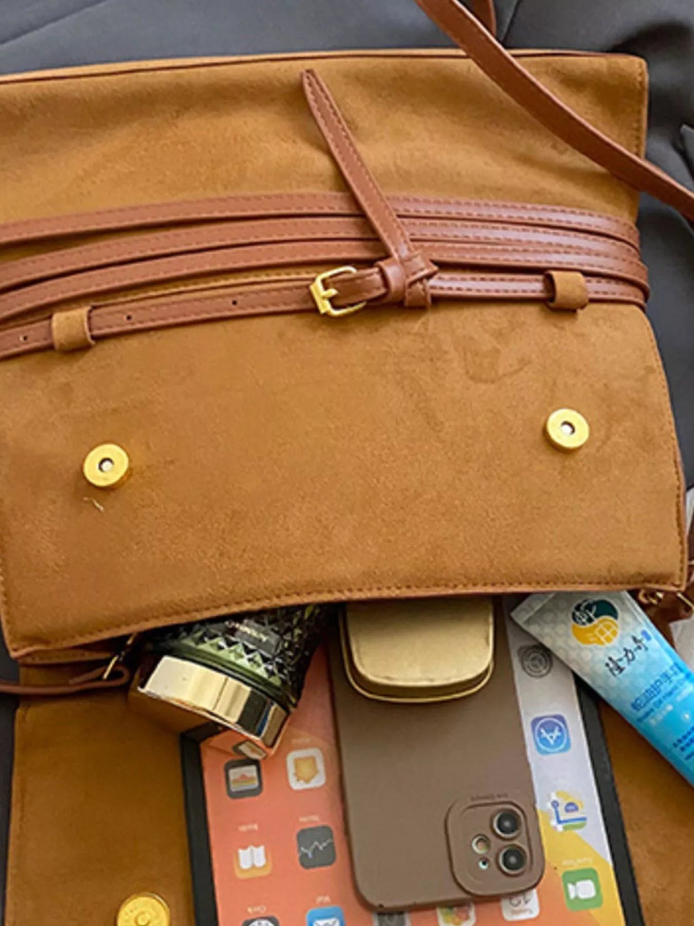 Cedar & Moore Suede Leather Belt Decor Backpack Bag, tan with belt strap