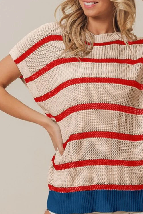 Oatmeal and red striped knit drop-shoulder sweater with ribbed crew neck