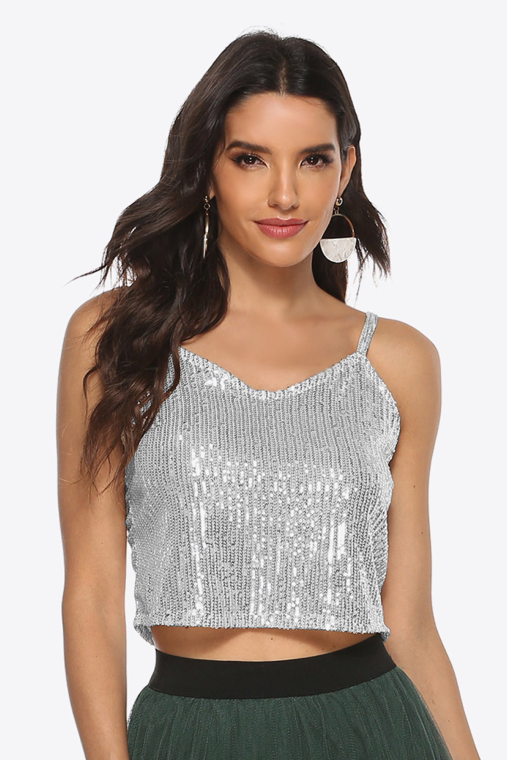 Metallic sequin cropped cami with thin straps and sparkling all-over sequin fabric