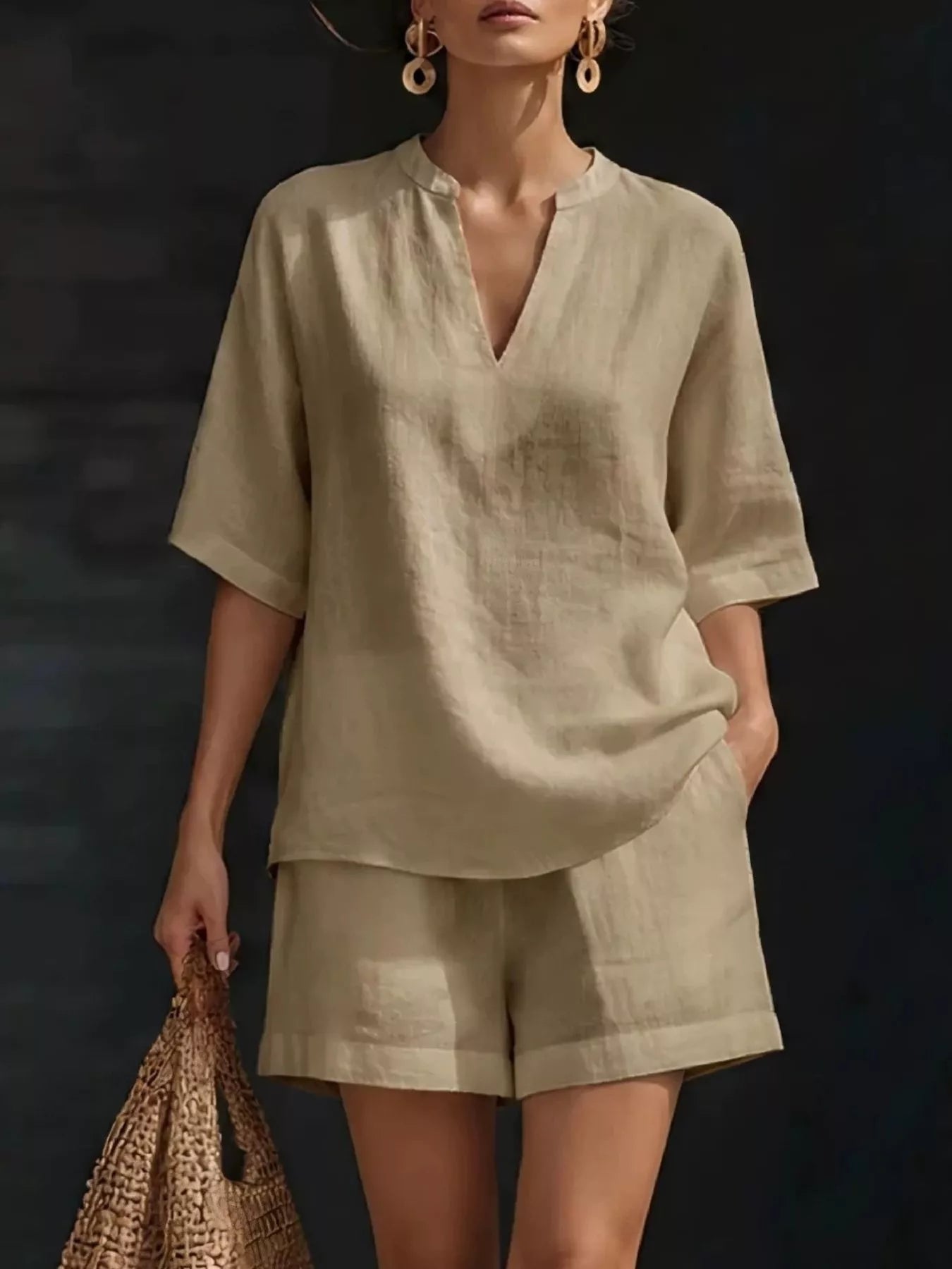 Plus size khaki half-sleeve V-neck top with matching short shorts set