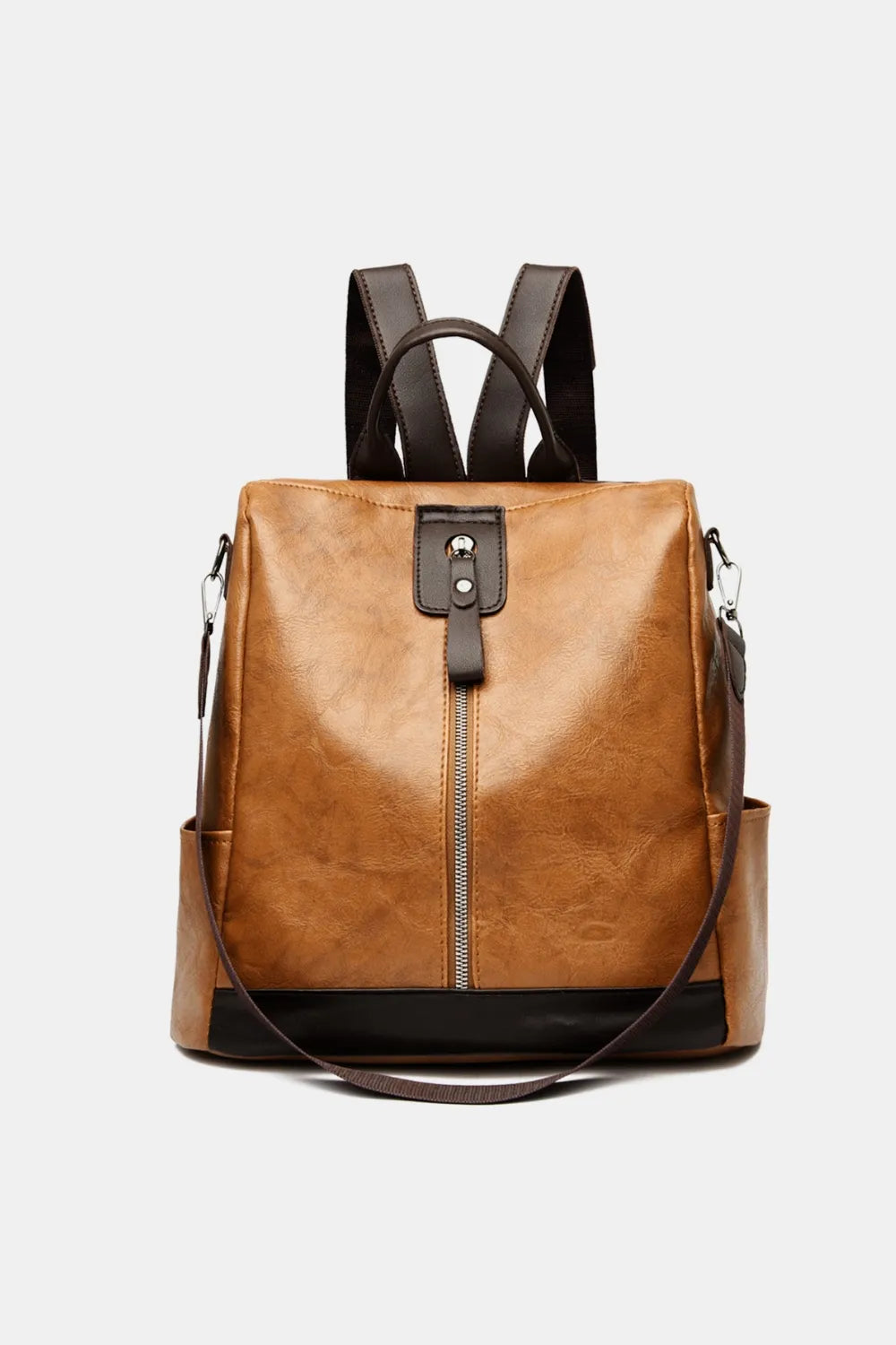 Caramel vegan leather backpack bag with front zipper and top handle straps
