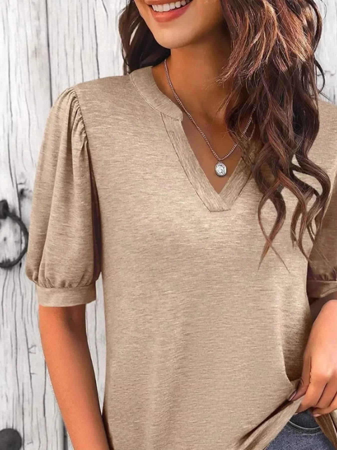 Cedar & Moore Puff Sleeve Notched Casual T-Shirt in beige by Trendsi
