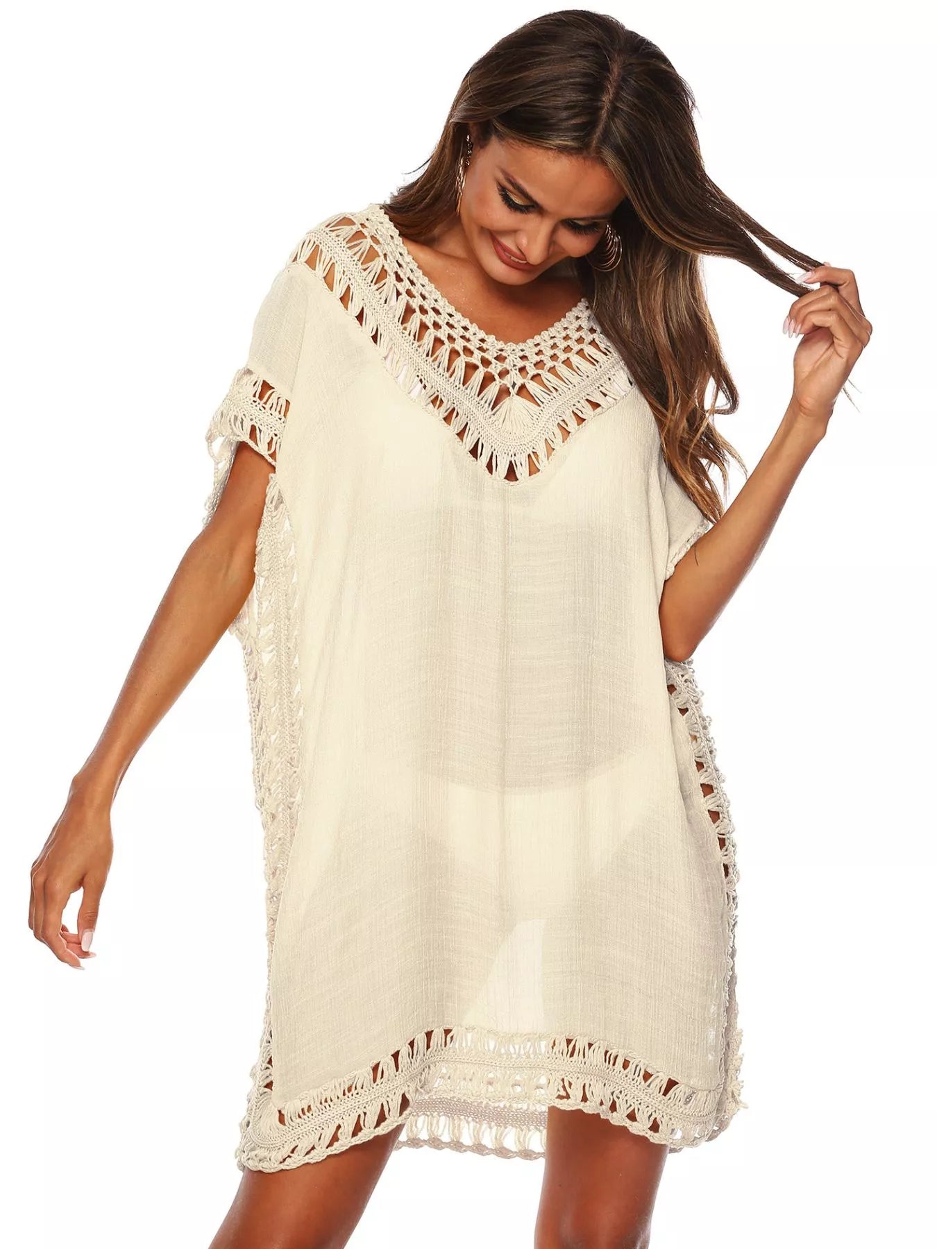 Cream V-neck crochet trim cover-up dress with loose fit and scalloped hem.