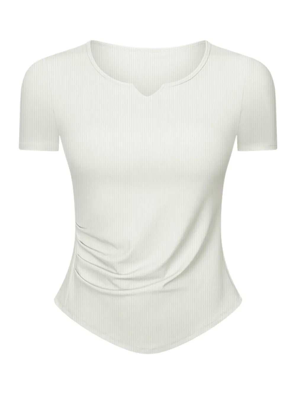 Notched short-sleeve active t-shirt, white front view with V neckline