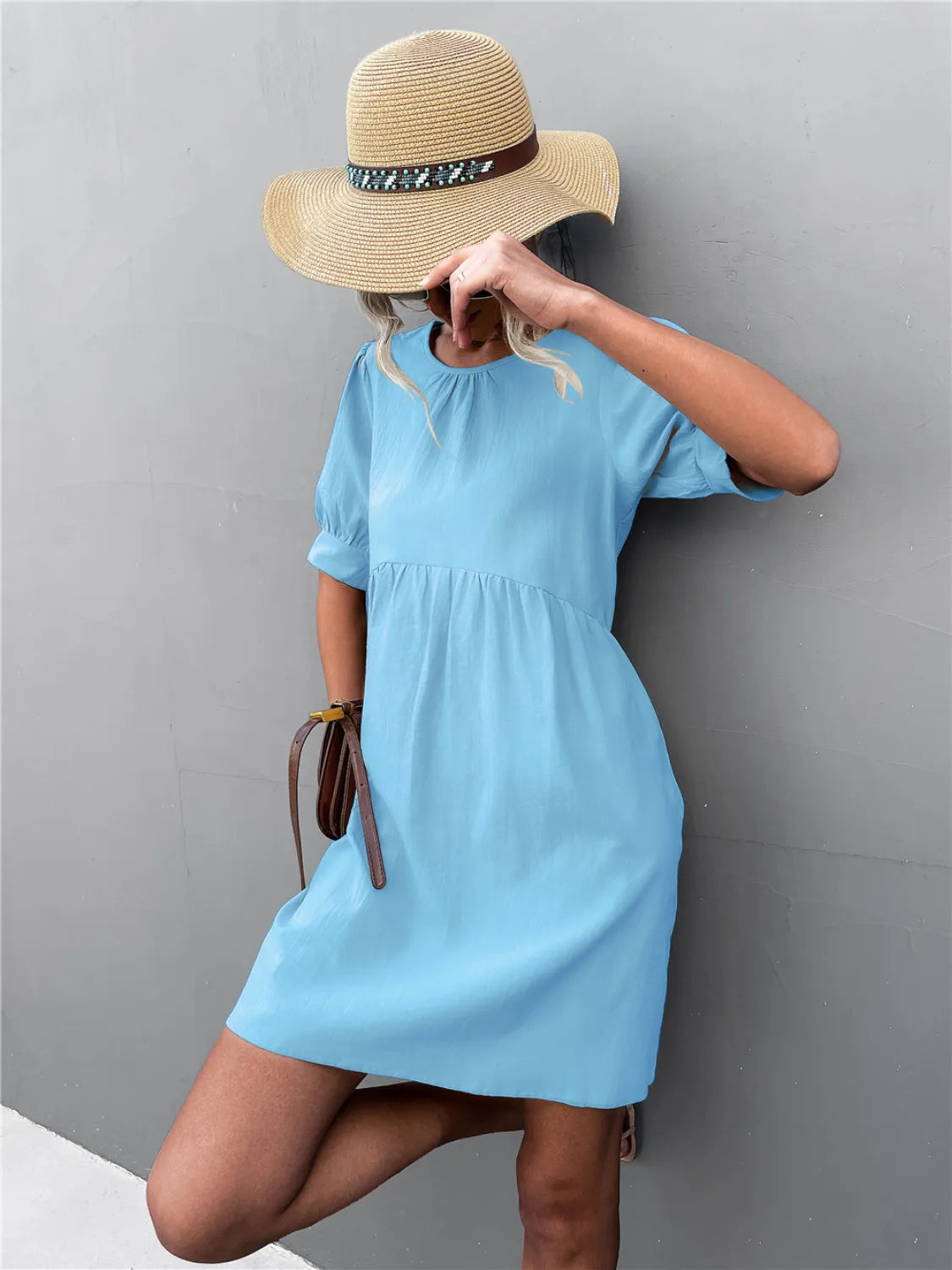 Round neck puff-sleeve mini dress by Trendsi in sky blue