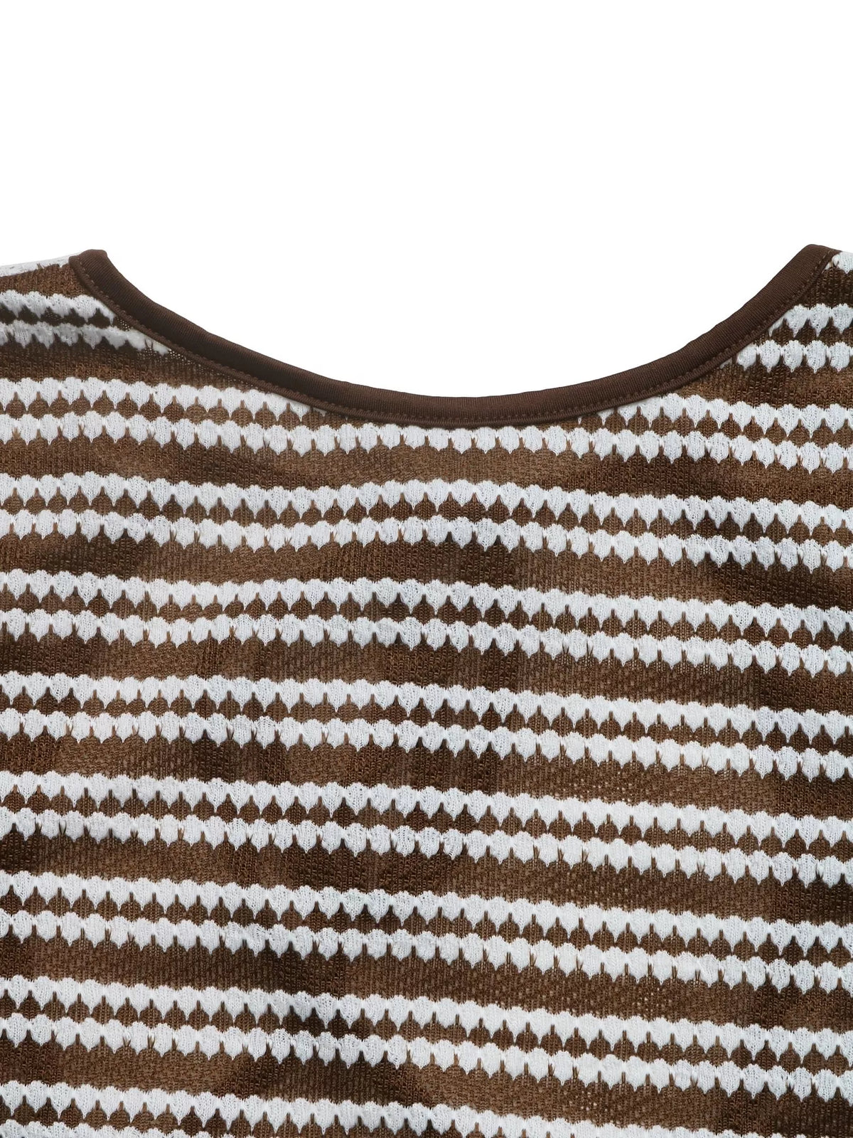 Close-up of brown-and-white striped knit crew neck with ribbed trim