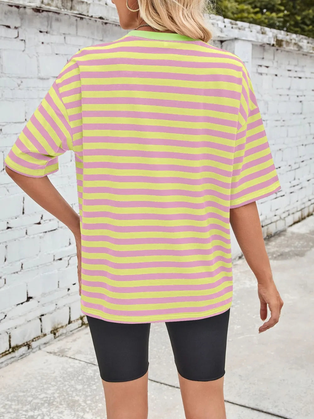 Pastel yellow and pink striped round-neck short-sleeve T-shirt, back view