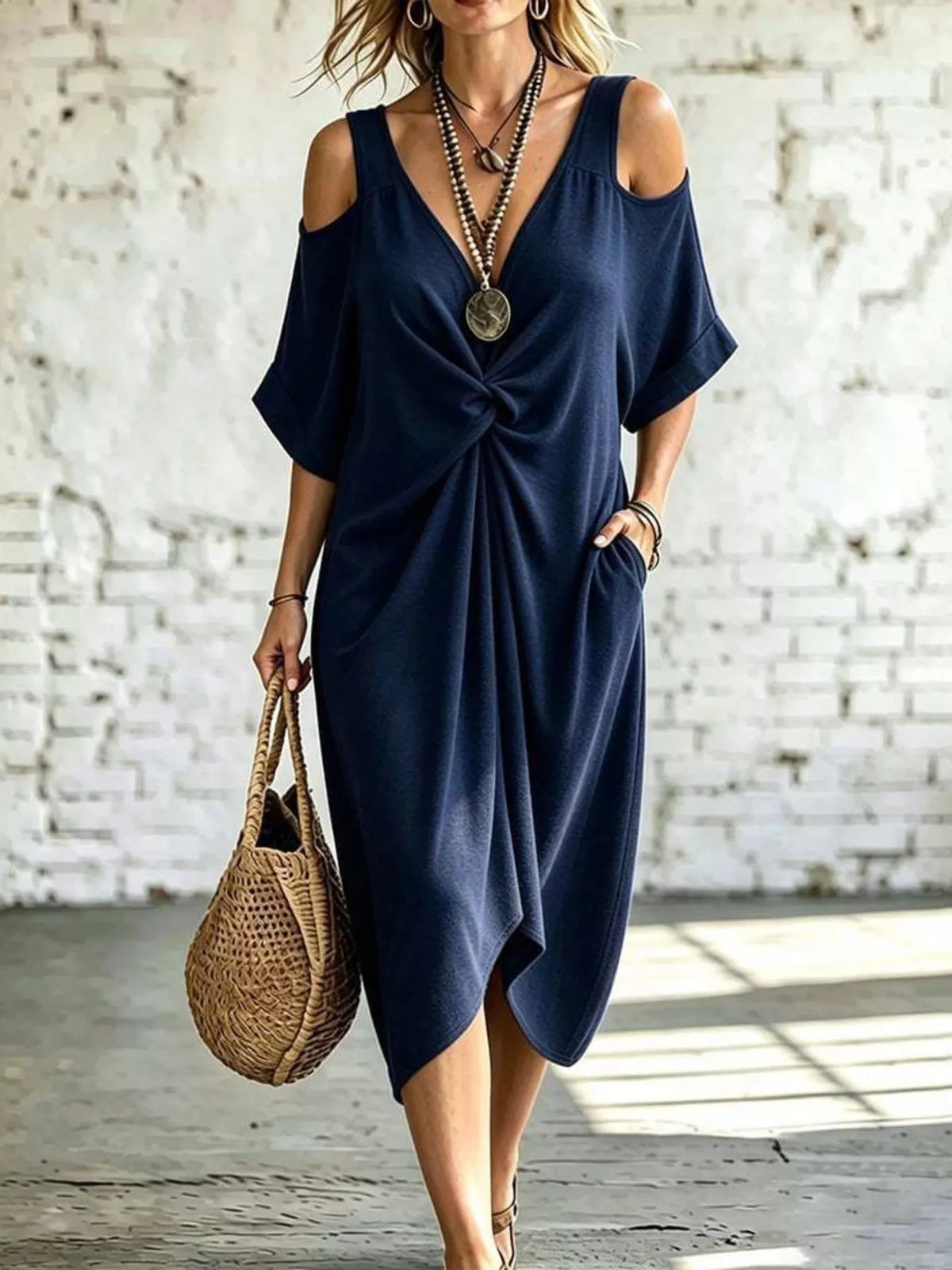 Navy cold-shoulder twist midi dress, draped knot front, loose short sleeves