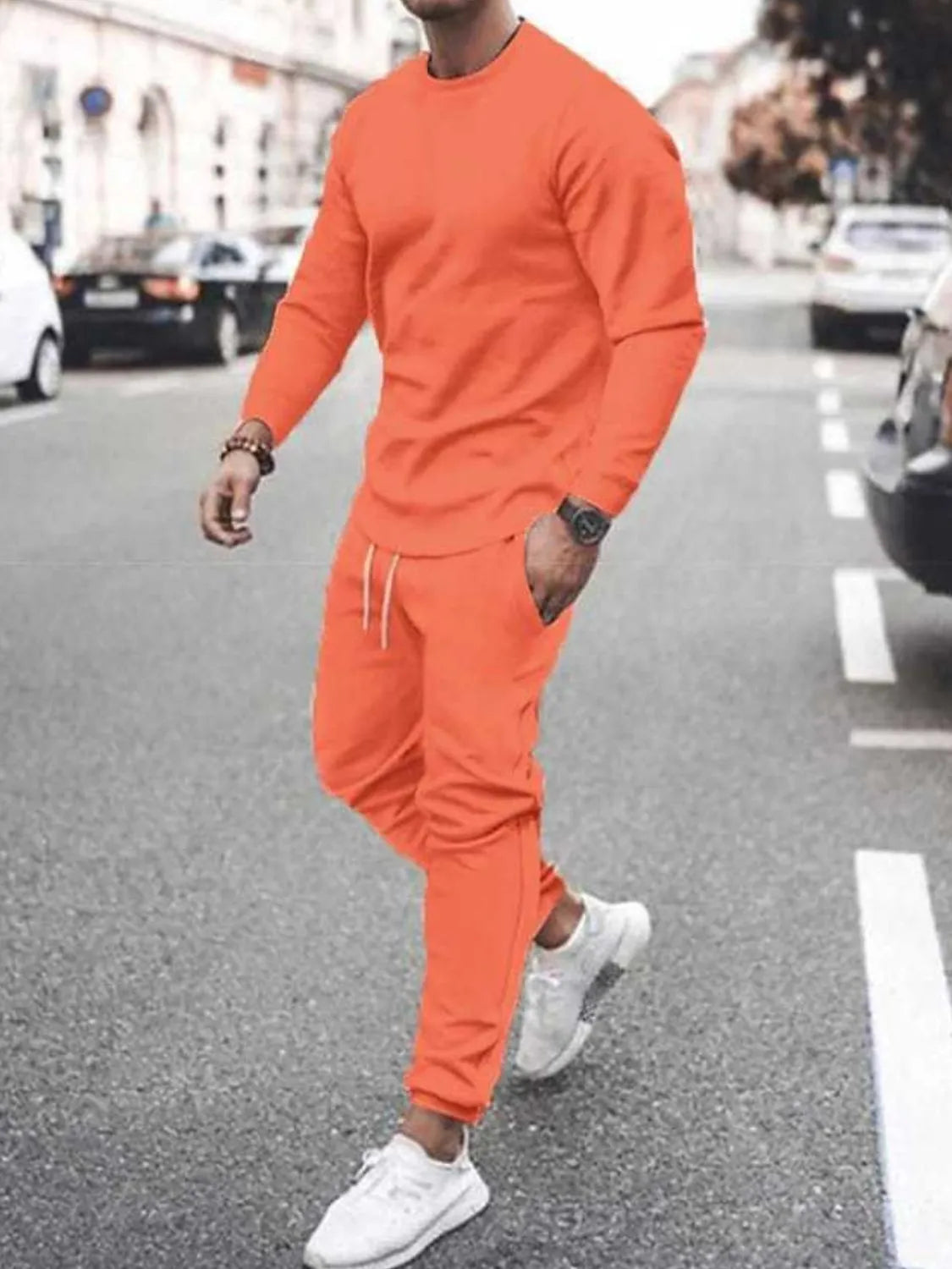 Men's long-sleeve crew-neck top and jogger pants set, orange