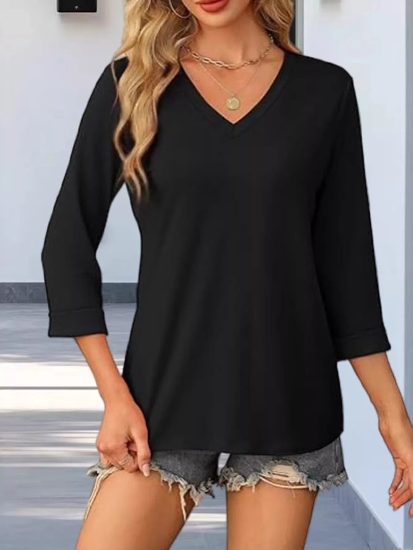 Cedar & Moore V-Neck 3/4 Sleeve T-Shirt, black, basic style