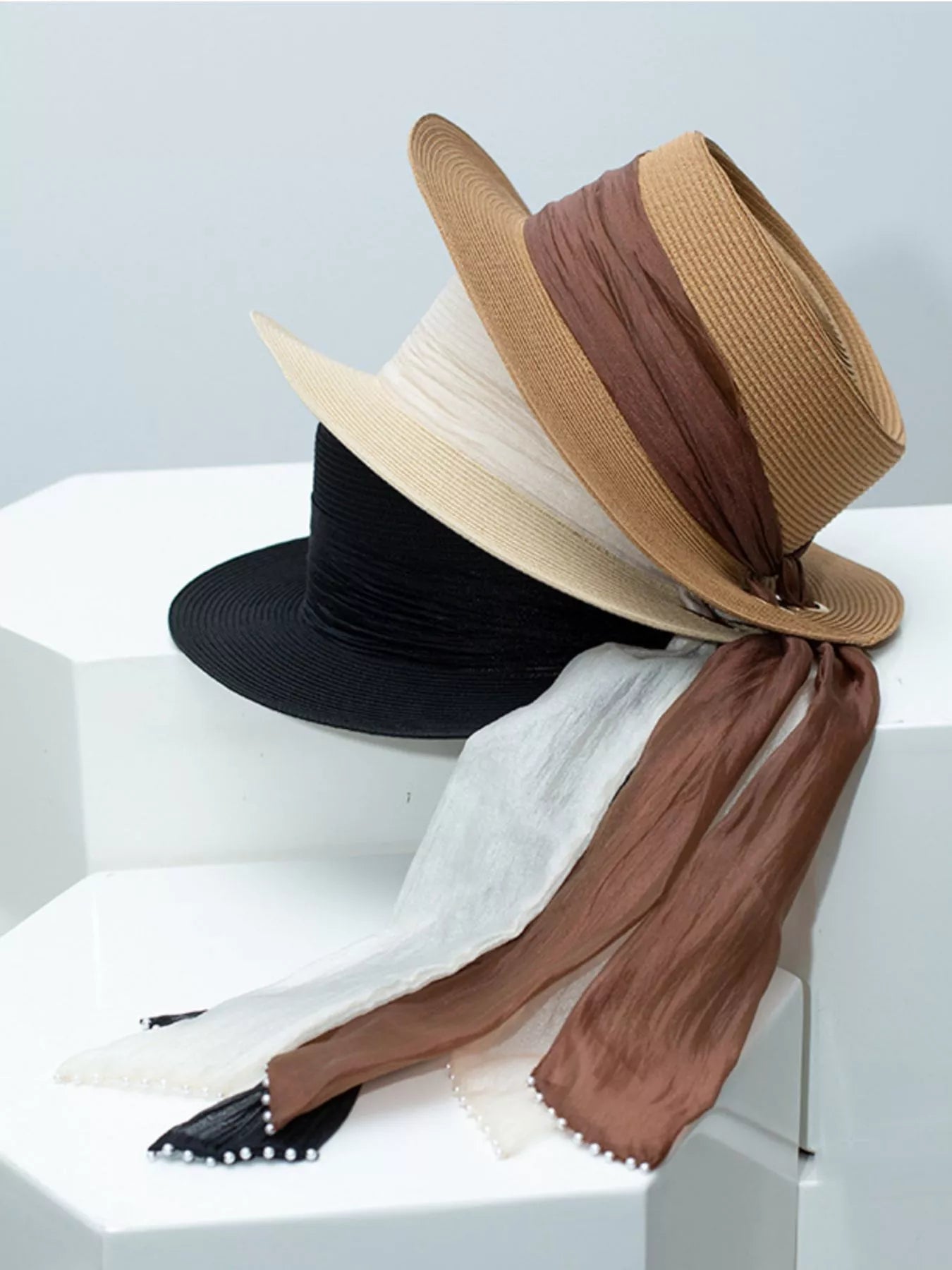 Cedar & Moore Ribbon Accent Straw Sun Hat set of 4 in black beige white and brown with ribbon ties
