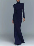 Dark blue ruched turtleneck long-sleeve stretch maxi dress with side drape