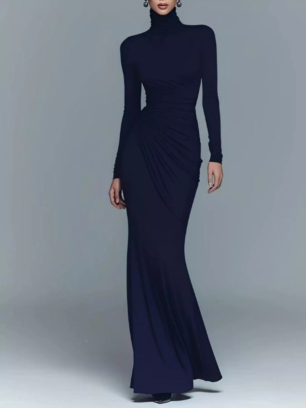 Dark blue ruched turtleneck long-sleeve stretch maxi dress with side drape