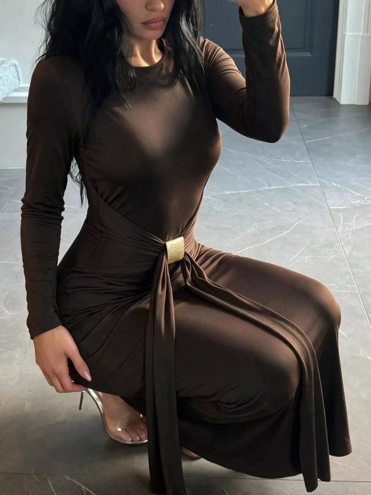 Dark brown stretch bodycon maxi dress, long sleeves, draped front knot at waist, backless